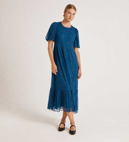 Yasmine Blue Mesh Midi Tea Dress